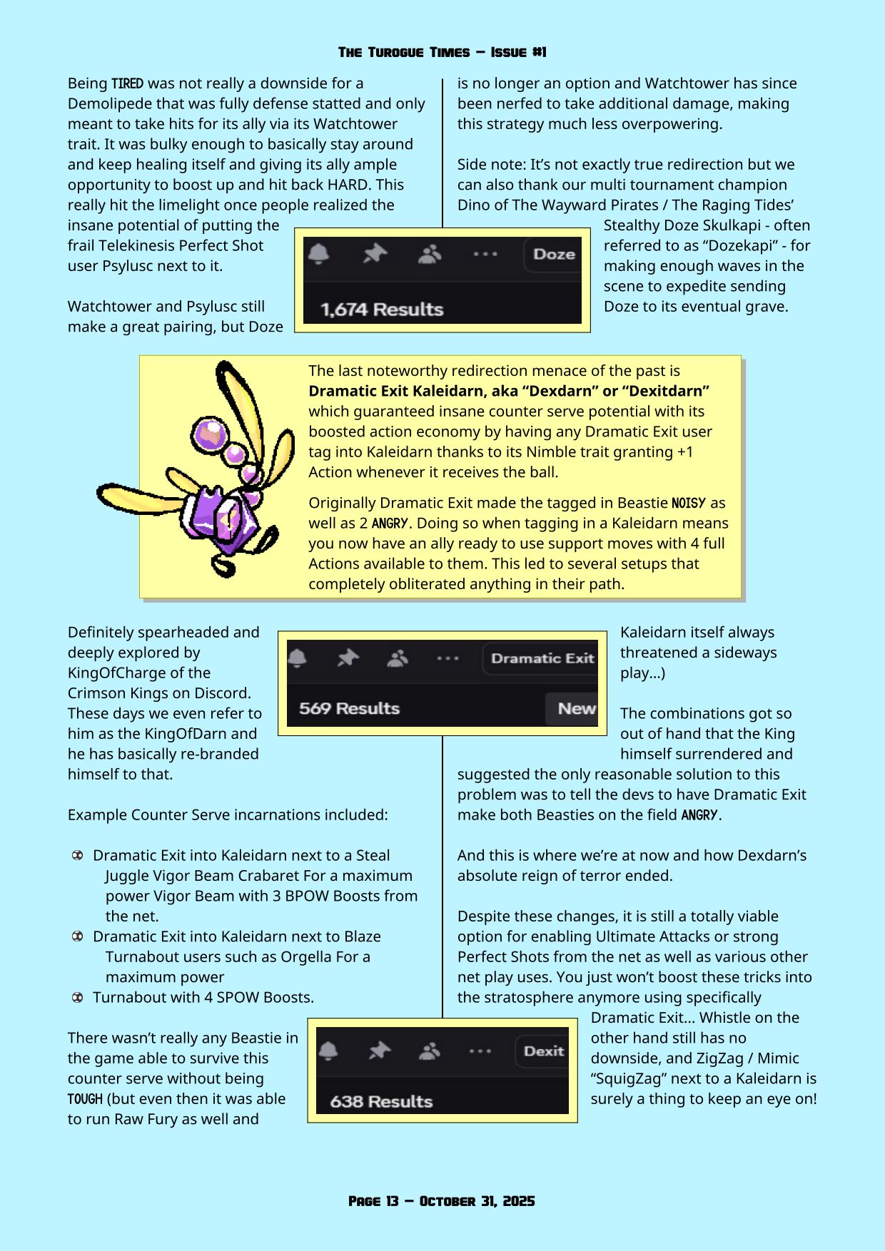 Page 13 of the Turogue Times, a Beastieball newsletter. This page is a Mechanics Deep Dive about redirection. For a more screen reader friendly format, please see the PDF download above.